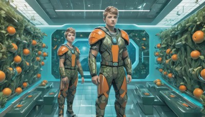 1girl,looking at viewer,short hair,blonde hair,brown hair,1boy,brown eyes,standing,food,indoors,armor,lips,bodysuit,multiple views,fruit,bird,plant,shoulder armor,science fiction,breastplate,realistic,tiles,orange (fruit),blue eyes,gloves,male focus,boots,multiple boys,2boys,uniform,robot,pilot suit,shoulder pads,spacecraft,spacesuit