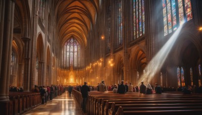 multiple boys,indoors,no humans,window,sunlight,cross,scenery,6+boys,light rays,stairs,light,architecture,sunbeam,pillar,statue,crowd,stained glass,church,arch,reflective floor,column,vanishing point,multiple girls,blonde hair,black hair,6+girls,walking,running