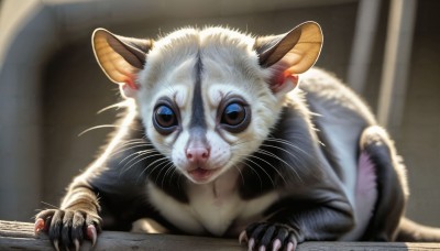 HQ,solo,looking at viewer,blue eyes,closed mouth,indoors,signature,blurry,no humans,depth of field,blurry background,animal,cat,claws,realistic,animal focus,whiskers,open mouth,black eyes,on stomach,mouse