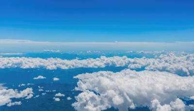 monochrome,outdoors,sky,day,cloud,water,blue sky,no humans,bird,ocean,cloudy sky,scenery,blue theme,horizon,waves,landscape,island