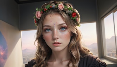 1girl,solo,long hair,looking at viewer,blue eyes,blonde hair,brown hair,hair ornament,collarbone,flower,parted lips,indoors,hair flower,blurry,lips,eyelashes,window,blurry background,rose,wavy hair,sunlight,portrait,pink flower,freckles,mountain,realistic,nose,head wreath,pink rose,blush,leaf,facial mark,backlighting