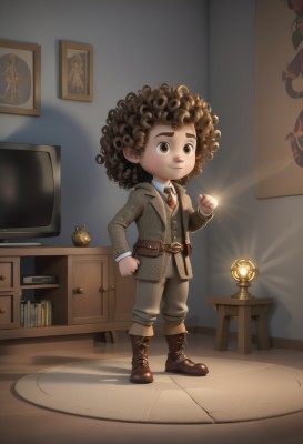 solo,smile,brown hair,shirt,long sleeves,1boy,brown eyes,standing,jacket,full body,white shirt,male focus,boots,necktie,belt,pants,indoors,book,brown footwear,table,clenched hand,child,desk,curly hair,bookshelf,brown belt,lamp,male child,television,shelf,picture frame,afro,drawer,artist name,shadow,watermark,red necktie,clenched hands,brown jacket,brown vest,cabinet,faux figurine