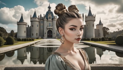 1girl,solo,breasts,looking at viewer,brown hair,dress,cleavage,brown eyes,jewelry,medium breasts,closed mouth,collarbone,upper body,braid,earrings,outdoors,sky,day,cloud,hair bun,blue sky,lips,double bun,makeup,piercing,single hair bun,cloudy sky,lipstick,building,scenery,nose,red lips,bridge,castle,artist name,portrait,eyeshadow,hair behind ear