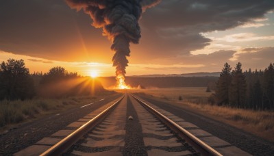 outdoors,sky,cloud,tree,no humans,sunlight,cloudy sky,grass,nature,scenery,forest,smoke,sunset,mountain,sun,road,bush,landscape,railroad tracks,fire