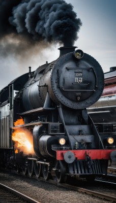 outdoors,multiple boys,sky,day,military,no humans,fire,ground vehicle,building,motor vehicle,smoke,military vehicle,explosion,tank,vehicle focus,train,caterpillar tracks,cloud,turret,cannon,train station,railroad tracks