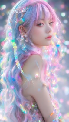 1girl,solo,long hair,looking at viewer,bangs,hair ornament,dress,bare shoulders,jewelry,closed mouth,blue hair,upper body,pink hair,flower,multicolored hair,earrings,blurry,from side,two-tone hair,lips,looking to the side,grey eyes,eyelashes,strapless,depth of field,blurry background,wavy hair,floral print,gem,crystal,realistic,breasts,blue eyes,sleeveless,artist name,blunt bangs,gradient hair,makeup,watermark,expressionless,light particles,nose,bokeh,mascara,pearl (gemstone)