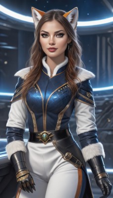 1girl,solo,long hair,breasts,looking at viewer,brown hair,gloves,animal ears,brown eyes,jewelry,medium breasts,standing,cowboy shot,belt,pants,cat ears,armor,blurry,lips,fur trim,makeup,blurry background,lipstick,gauntlets,white pants,nose,red lips,long sleeves,earrings,parted lips,artist name,dog ears,forehead,thick lips