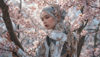 1girl, solo, blue eyes, hair ornament, upper body, flower, white hair, outdoors, parted lips, day, armor, blurry, tree, lips, blurry background, cherry blossoms, shoulder armor, realistic, branch