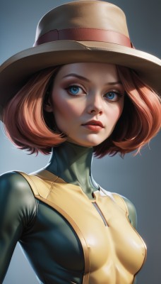 1girl,solo,breasts,looking at viewer,short hair,blue eyes,simple background,brown hair,hat,medium breasts,upper body,small breasts,parted lips,covered nipples,lips,gradient,gradient background,eyelashes,bodysuit,makeup,skin tight,realistic,nose,green bodysuit,yellow bodysuit,shiny,turtleneck,freckles,red lips