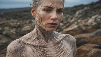 1girl,solo,looking at viewer,short hair,shirt,hair ornament,closed mouth,white shirt,upper body,white hair,outdoors,day,blurry,black eyes,lips,blurry background,portrait,realistic,photo background,grey hair,grey eyes,expressionless,rock,very short hair,dirty