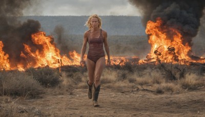 1girl,solo,breasts,short hair,open mouth,blonde hair,large breasts,cleavage,bare shoulders,medium breasts,collarbone,full body,ponytail,boots,outdoors,muscular,tank top,fire,smoke,walking,running,realistic,explosion,dirty,burning,blue eyes,closed mouth,sky,shorts,medium hair,short shorts,clenched hands,road,wide shot