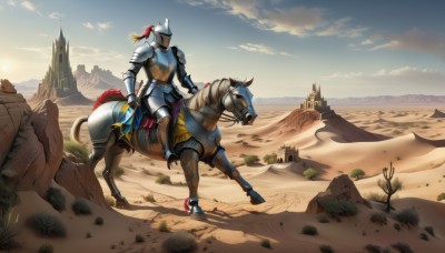 1girl,solo,blonde hair,weapon,outdoors,sky,day,sword,cloud,armor,blue sky,helmet,polearm,shoulder armor,gauntlets,scenery,1other,pauldrons,sunset,breastplate,sand,riding,horse,castle,knight,full armor,ambiguous gender,desert,horseback riding,helm,plate armor,saddle,plume,holding,holding weapon,animal,cloudy sky,sun,greaves,dust,reins