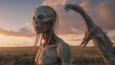 solo,open mouth,upper body,outdoors,sky,teeth,cloud,blurry,from side,no humans,blurry background,cloudy sky,monster,realistic,alien,horror (theme),colored skin,scenery,1other,scales,creature,kaijuu,long neck