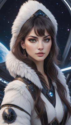 1girl,solo,long hair,looking at viewer,bangs,brown hair,brown eyes,jewelry,closed mouth,upper body,earrings,hood,lips,coat,fur trim,eyelashes,makeup,eyeshadow,realistic,nose,white coat,winter clothes,eyeliner,space,planet,earth (planet),parka,black hair,parted lips,necklace,gem,pendant,hood up,emblem,red lips,mascara