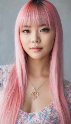 1girl,solo,long hair,breasts,looking at viewer,smile,bangs,simple background,cleavage,brown eyes,jewelry,medium breasts,closed mouth,upper body,pink hair,multicolored hair,blunt bangs,grey background,necklace,black eyes,two-tone hair,lips,makeup,floral print,realistic,nose,blue eyes,eyelashes