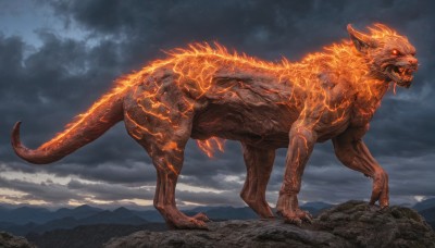 solo,open mouth,red eyes,standing,tail,full body,outdoors,horns,sky,teeth,cloud,no humans,glowing,fangs,cloudy sky,fire,sharp teeth,glowing eyes,claws,monster,mountain,scales,molten rock,rock,fantasy,dragon