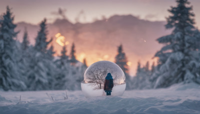 1girl, solo, blue hair, standing, outdoors, sky, cloud, hood, bag, from behind, blurry, tree, depth of field, backpack, cloudy sky, nature, scenery, snow, forest, mountain, winter clothes, wide shot, winter, pine tree