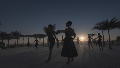 long hair,breasts,short hair,multiple girls,dress,bare shoulders,outdoors,multiple boys,sky,elbow gloves,hair bun,black dress,high heels,tree,hand on hip,strapless,night,shadow,6+girls,beach,single hair bun,strapless dress,walking,sunset,palm tree,holding hands,ocean,scenery,backlighting,sand,sun,silhouette