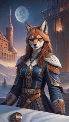 1girl,solo,long hair,breasts,looking at viewer,smile,brown hair,gloves,long sleeves,animal ears,brown eyes,jewelry,medium breasts,standing,tail,outdoors,sky,belt,artist name,signature,armor,coat,orange eyes,fur trim,fox ears,night,fox tail,moon,fox girl,shoulder armor,building,star (sky),night sky,furry,snow,full moon,starry sky,pauldrons,fantasy,furry female,brown belt,body fur,white fur,planet,animal nose,snout,brown fur,orange hair,table,castle