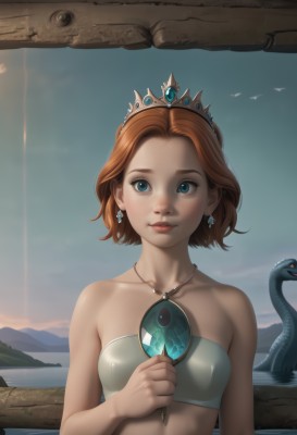 1girl,solo,breasts,looking at viewer,smile,short hair,blue eyes,brown hair,holding,bare shoulders,jewelry,collarbone,upper body,earrings,small breasts,outdoors,parted lips,sky,midriff,water,necklace,orange hair,lips,bare arms,strapless,bird,ocean,animal,tiara,crown,gem,forehead,freckles,snake,realistic,tube top,lake,weapon,red hair,sword,holding weapon,holding sword,shield