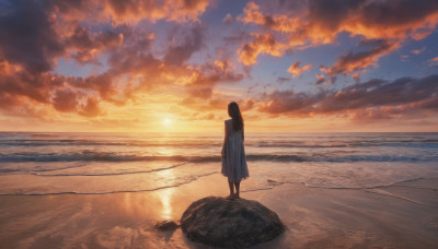 1girl, solo, long hair, dress, standing, outdoors, sky, cloud, water, from behind, ocean, beach, cloudy sky, scenery, sunset, sand, sun, horizon, shore