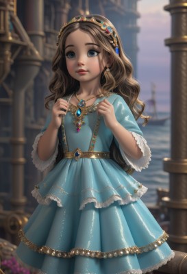 1girl,solo,long hair,blue eyes,brown hair,dress,jewelry,standing,hairband,earrings,outdoors,sky,wide sleeves,water,necklace,blurry,lips,depth of field,blurry background,blue dress,watermark,wavy hair,tiara,gem,child,red lips,female child,aqua dress,hair ornament,frills,parted lips,artist name,pendant,curly hair,realistic,watercraft,gold,ship,princess