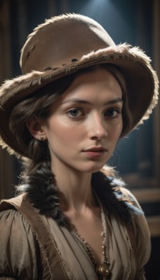 1girl,solo,long hair,looking at viewer,brown hair,hat,brown eyes,jewelry,closed mouth,upper body,earrings,parted lips,artist name,signature,necklace,mole,blurry,black eyes,lips,grey eyes,fur trim,blurry background,freckles,realistic,nose,brown headwear,straw hat,short hair,dress,collarbone,portrait