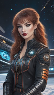 1girl,solo,long hair,breasts,looking at viewer,blue eyes,brown hair,gloves,cleavage,brown eyes,jewelry,medium breasts,jacket,upper body,earrings,open clothes,belt,open jacket,lips,black jacket,makeup,night,lipstick,star (sky),zipper,freckles,science fiction,realistic,nose,red lips,space,leather,planet,leather jacket,spacecraft,bangs,shirt,artist name,signature,starry sky,emblem