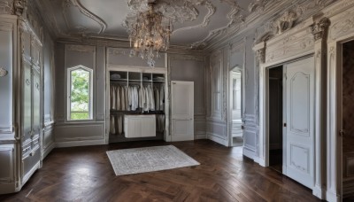 day,indoors,tree,no humans,window,chair,sunlight,scenery,wooden floor,stairs,door,light,pillar,hallway,carpet,ceiling light,reflective floor,chandelier,table,plant,candle,wall,painting (object),candlestand,cabinet