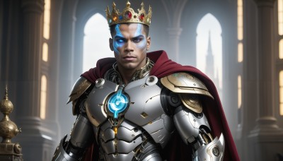 HQ,solo,looking at viewer,blue eyes,1boy,blue hair,upper body,white hair,male focus,indoors,cape,armor,lips,glowing,facial mark,crown,shoulder armor,glowing eyes,science fiction,realistic,red cape,cyborg,power armor,closed mouth,dark skin,facial hair,dark-skinned male,serious,pillar