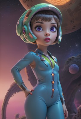 1girl,solo,breasts,looking at viewer,short hair,bangs,blue eyes,brown hair,standing,purple eyes,cowboy shot,small breasts,parted lips,sky,teeth,artist name,signature,nail polish,mole,lips,hand on hip,eyelashes,bodysuit,makeup,piercing,thick eyebrows,helmet,lipstick,star (sky),mole under mouth,skin tight,zipper,starry sky,freckles,science fiction,contrapposto,nose,space,planet,spacecraft,spacesuit,space helmet,astronaut,black hair,long sleeves,outdoors,fingernails,moon,bob cut,pink nails,eyeshadow,wide-eyed,pink lips,realistic,red lips,blue bodysuit