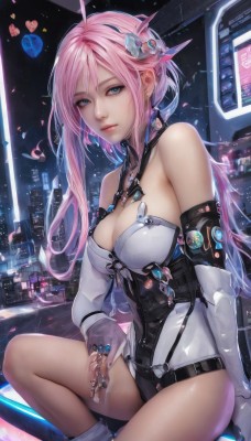 1girl,solo,long hair,breasts,looking at viewer,bangs,blue eyes,large breasts,hair ornament,gloves,cleavage,bare shoulders,jewelry,medium breasts,sitting,pink hair,ahoge,thighs,earrings,detached sleeves,elbow gloves,white gloves,fingerless gloves,leotard,lips,ring,science fiction,white leotard,cityscape,closed mouth,petals,corset,realistic