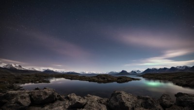 outdoors,sky,cloud,water,no humans,night,star (sky),nature,night sky,scenery,starry sky,reflection,rock,mountain,horizon,river,landscape,mountainous horizon,lake,ocean,shore