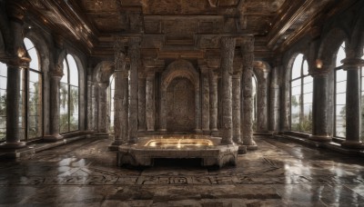 day,indoors,water,tree,no humans,window,sunlight,plant,scenery,reflection,light rays,stairs,fantasy,architecture,sunbeam,ruins,pillar,church,arch,reflective floor,column,wooden floor,tile floor,statue,ceiling,chandelier