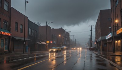 outdoors,sky,cloud,water,tree,no humans,window,night,cloudy sky,ground vehicle,building,scenery,motor vehicle,reflection,rain,city,sign,car,road,power lines,lamppost,bare tree,street,utility pole,road sign,puddle,grey sky,traffic light,crosswalk,overcast,sidewalk,house,truck