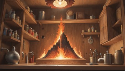 indoors,cup,no humans,bottle,fire,scenery,wooden floor,door,clock,shelf,jar,stove,fireplace,solo,sword,fantasy,faucet,cabinet,wood