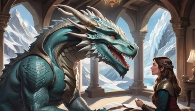 1girl,solo,long hair,open mouth,brown hair,red eyes,jewelry,upper body,braid,horns,sky,teeth,day,indoors,armor,from side,lips,book,profile,fangs,chair,table,sharp teeth,circlet,mountain,fantasy,dragon,lamp,scales,pillar,sitting,looking at another,eye contact,half updo,realistic