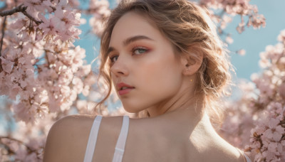 1girl, solo, looking at viewer, short hair, brown hair, jewelry, green eyes, flower, earrings, outdoors, parted lips, day, looking back, from behind, blurry, lips, cherry blossoms, portrait, freckles, realistic