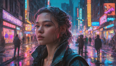 1girl, short hair, blue eyes, black hair, jewelry, jacket, earrings, outdoors, parted lips, solo focus, lips, wet, night, building, freckles, rain, city, realistic, nose, road, neon lights