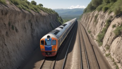 outdoors,sky,day,cloud,tree,blue sky,no humans,ground vehicle,nature,scenery,motor vehicle,forest,mountain,car,road,bridge,vehicle focus,railroad tracks,water,ocean,grass,horizon,landscape,train