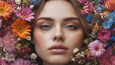 1girl, solo, looking at viewer, brown hair, flower, parted lips, lips, grey eyes, eyelashes, makeup, portrait, close-up, pink flower, blue flower, realistic, purple flower, orange flower