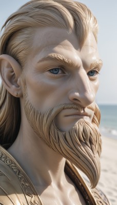 solo,looking at viewer,blue eyes,blonde hair,1boy,jewelry,closed mouth,collarbone,upper body,male focus,earrings,outdoors,sky,day,blurry,facial hair,ocean,beach,portrait,beard,close-up,realistic,mustache,sand,manly,long hair