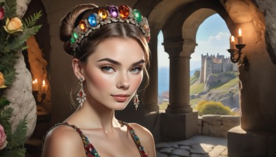 1girl,solo,looking at viewer,smile,brown hair,hair ornament,bare shoulders,brown eyes,jewelry,closed mouth,collarbone,upper body,flower,earrings,outdoors,sky,day,hair bun,lips,grey eyes,rose,single hair bun,gem,portrait,realistic,nose,candle,pillar,castle,arch,green gemstone,black hair,cloud,tiara,scenery,pink flower