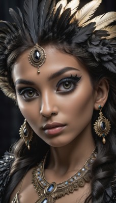 1girl,solo,long hair,looking at viewer,brown hair,black hair,hair ornament,brown eyes,jewelry,closed mouth,braid,earrings,dark skin,necklace,dark-skinned female,lips,eyelashes,makeup,feathers,lipstick,black background,gem,portrait,close-up,eyeshadow,realistic,nose,headdress,feather hair ornament