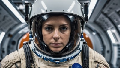 1girl,solo,looking at viewer,brown hair,1boy,closed mouth,upper body,male focus,blurry,black eyes,lips,depth of field,blurry background,helmet,portrait,reflection,science fiction,realistic,spacesuit,astronaut,blue eyes,freckles,space,dirty,spacecraft