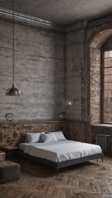 indoors,pillow,no humans,window,bed,on bed,scenery,wooden floor,door,blanket,lamp,wall,bedroom,carpet,cup,book,bed sheet,chair,table,box,couch,clock,brick wall,ceiling,light bulb,ceiling light,rug,cabinet,blinds,wooden wall,brick