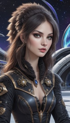 1girl,solo,long hair,breasts,looking at viewer,brown hair,cleavage,brown eyes,jewelry,medium breasts,underwear,upper body,small breasts,parted lips,sky,signature,bra,lips,fur trim,gem,star (sky),starry sky,freckles,realistic,nose,space,planet,bangs,jacket,parted bangs,eyelashes,makeup,fur collar