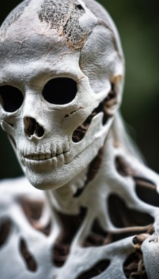 solo,looking at viewer,simple background,1boy,male focus,teeth,blurry,no humans,depth of field,blurry background,black background,portrait,veins,skull,realistic,skeleton,horror (theme),upper body,gradient background,bone