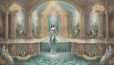 1girl,solo,long hair,breasts,looking at viewer,large breasts,brown hair,black hair,dress,navel,cleavage,bare shoulders,jewelry,medium breasts,barefoot,solo focus,water,scenery,fantasy,pillar,statue,arch,column,fountain,very long hair,closed mouth,standing,artist name,indoors,necklace,bare arms,bare legs,watermark,looking away,sunlight,plant,monster girl,light rays,realistic,architecture