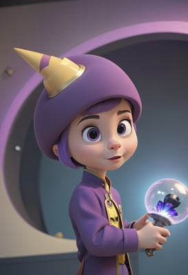 1girl,solo,looking at viewer,smile,short hair,open mouth,bangs,long sleeves,1boy,hat,holding,purple eyes,upper body,purple hair,male focus,parted lips,teeth,artist name,upper teeth only,child,robe,wand,purple shirt,magic,purple jacket,male child,purple headwear,orb,holding wand,humanization,jacket,blurry,glowing,watermark,web address